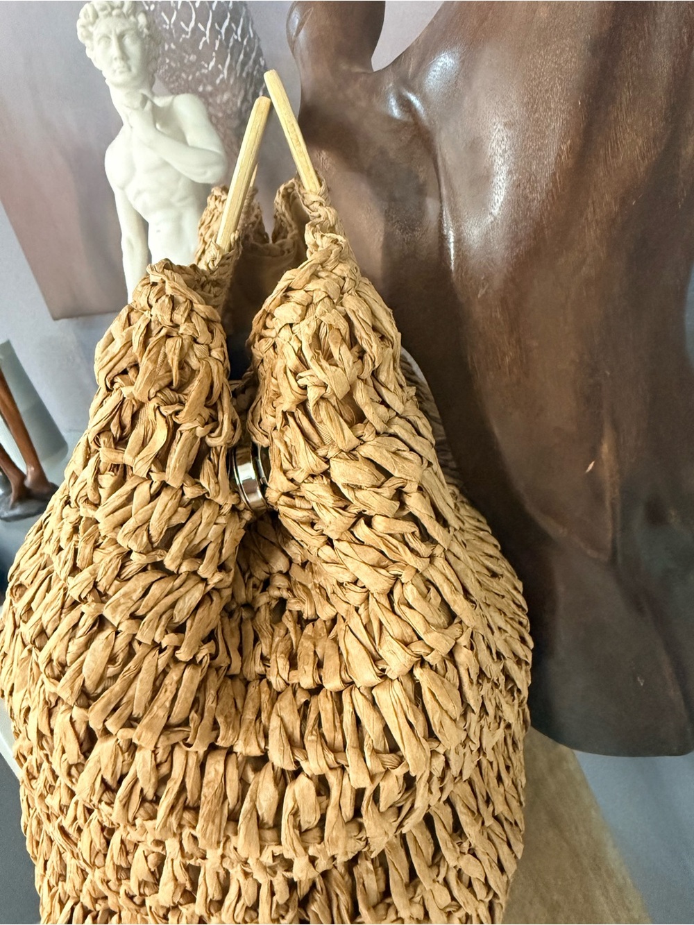 Woven Straw Tote Bag with Wooden Handle - Tan - Picture 5 of 6